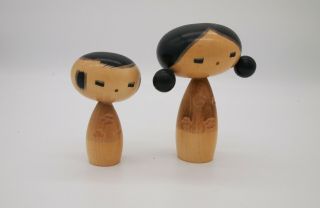 2 Set Japanese Vintage Sosaku Wooden Kokeshi Doll Signed / Cute Boy Girl
