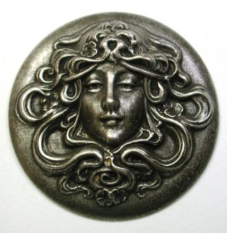 Hand Crafted Silver On Brass Button Art Nouveau Woman Design - 1 & 3/8 "