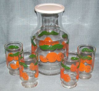 Vtg Anchor Hocking - Orange Juice Pitcher/carafe/server With Lid And 4 Glasses Euc
