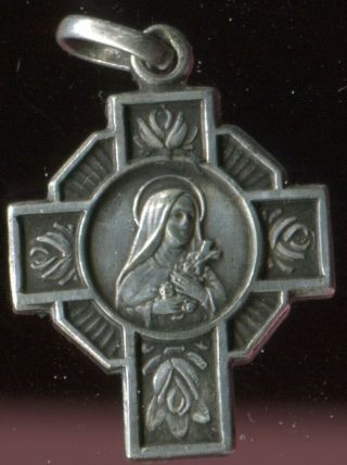 Antique Silver Plated Art Deco Medal Cross Of St Therese Of Children Jesus