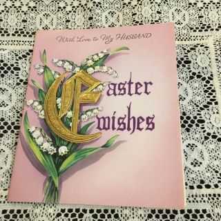 Vintage Greeting Card Easter Wishes Lily Of The Valley Gold Letter