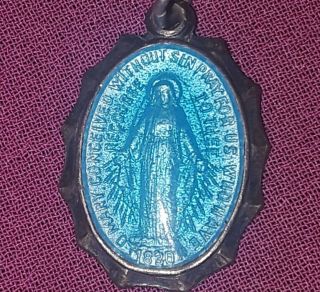 Sterling Silver Blue Enamel Guilloche Virgin Mary Miraculous Medal Pendant Charm