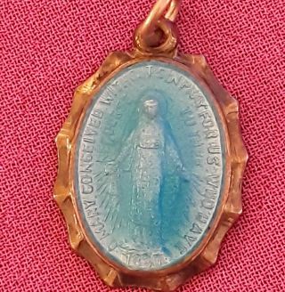 STERLING SILVER Blue Enamel Guilloche Virgin Mary Miraculous Medal Pendant Charm 2
