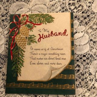 Vintage Greeting Card Christmas Husband Music Notes Pine Cones