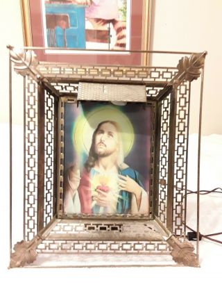 Vintage Lenticular 3d Jesus &mary Sacred Heart Lighted Shadowbox Metal Frame