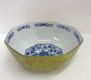 Asian Vintage Footed Bowl Lime Green Gold With Blue Floral Design 7 1/2 "