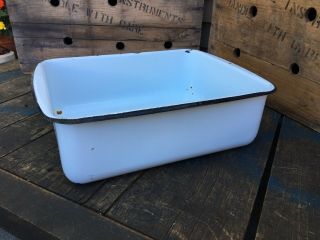 Vintage Enamel Ware Tub Basin Farm House Square Wash Bowl Pan 15” White Black