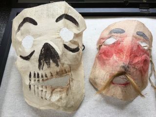 Antique 1930s Muslin Gauze Buckram Halloween Skull And China Man Masks