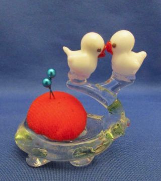 Vintage Glass Nest Pin Cushion With White Song Birds & Red Cushion