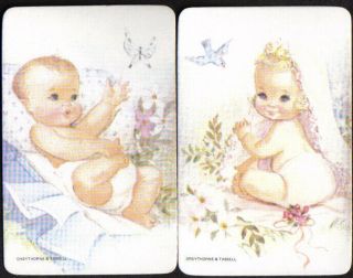 1970s Baby Boy Girl Blank Back Single Swap Playing Cards Pair.  Cuddly Newborn