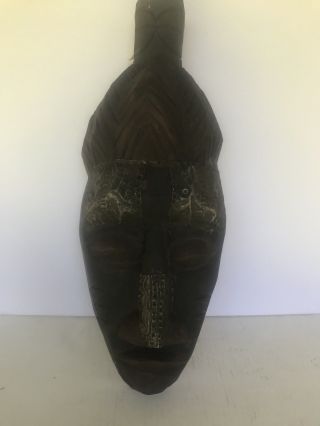 Hand Carved African Mask Face Ritual Tribal Primitive Wooden Brass Inlaid Heavy