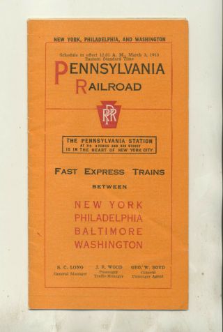 1913 Pocket Size Timetable Pennsylvania Railroad Fast Express York - Wash Dc