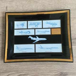 Vintage 1960’s United Airlines Airplane Jet History Smoked Glass Plate Ashtray