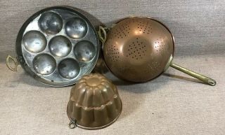 Vintage Set 3 Copper Cookware Bundt Pan Strainer & Egg Poacher