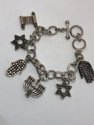 Vintage Jewish Menorah Star Of David Torah Silvertone Charm Bracelet