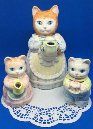 Avon Momma Cat & Kittens Tea Set Teapot Creamer Sugar Bowl 1991/1992 Vguc