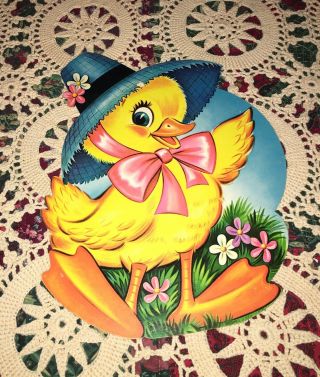 Vtg Dennison Easter Duck Blue Hat Lrg Die Cut Cardboard Decoration 11 " Nm Rare