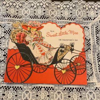 Vintage Greeting Card Valentine Woman In Carriage Horses Hallmark
