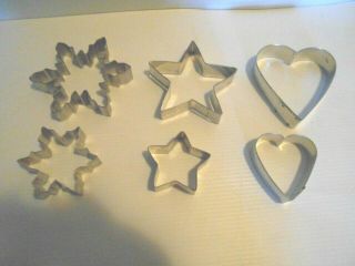 6 Vintage Metal Cookie Cutters (2 Stars,  2 Hearts,  2 Snowflakes)