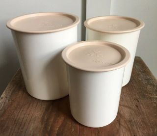 Vintage Tupperware One Touch Canister Set Of 3 White With Pink Lid Nesting
