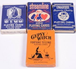(4) Vintage Single Decks Playing Cards Stud Streamline Enardoe,  Gypsy Witch