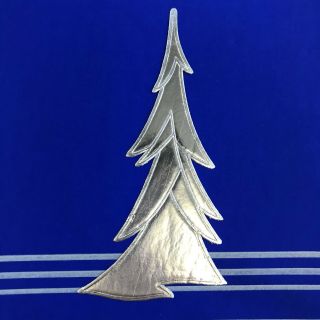 Vintage Early Mid Century Christmas Greeting Card Blue Silver Foil Tree Art Deco