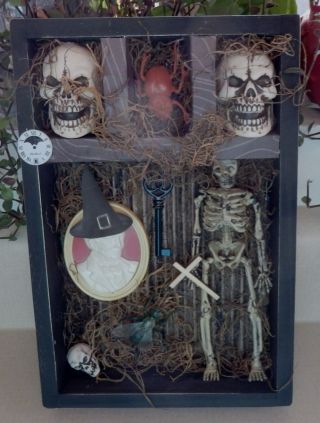 Mixed Media Creepy Shadowbox Skeleton Skulls Halloween & Photo w/ Orb 3