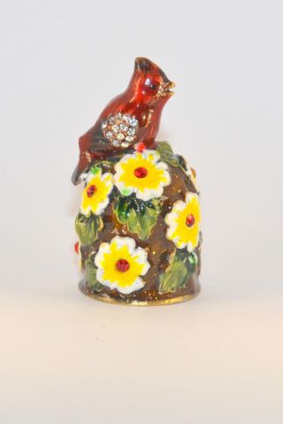 Сollectible Hand - Painted Decorative Enamel Thimble - Red Bird And Flowers