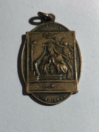 Antique Religious Bronze Medal Pendant Our Holy Mother Mary Of Lourdes & St Rita