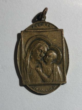 Antique religious bronze medal pendant our holy mother Mary of Lourdes & ST Rita 2