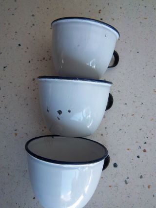 2 Small Vintage Enamel Cups White & Blue Trim Coffee Handles 3 " Diam X 2 " High