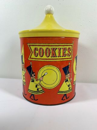 Vintage Ballonoff Tin Cookie Jar Circus Lid Usa Parade Band Mid Century D3