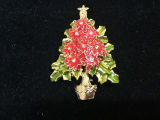 Christopher Radko Christmas Tree Pin Brooch Enamel Poinsettia Rhinestone