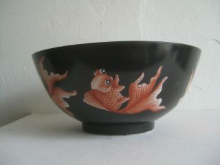Fine Old Chinese Hand Painted Enameled Famille Noir Porcelain Large Bowl W/fish