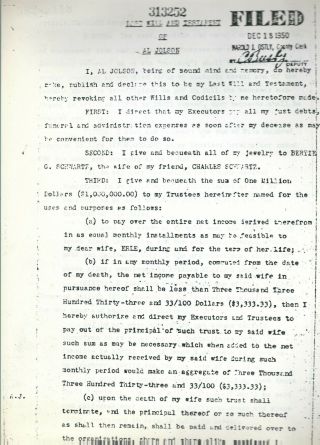 Al Jolson Last Will And Testament Death Certificate Filed 1950