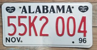 Alabama 1996 Heart Of Dixie Metal License Plate / Tag - 55k2 004 Embossed