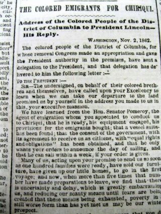 1862 Civil War Newspaper Negr0es Send Emigration Letter To Abraham Lincoln