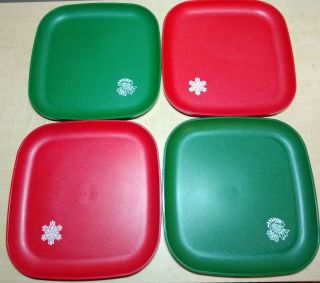 4 Tupperware Square 8 " Lunch Plate 1534 Red Green Bird Snowflake Christmas Tray