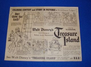 Vintage Disney Treasure Island 2 Sided Color Contest Promotion Rare Piece