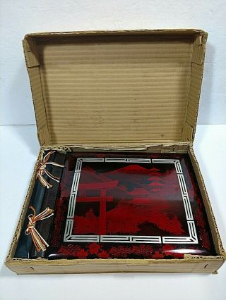 Vtg Asian Red Lacquered Wood Photo Album Scrapbook Nos Box Silver Inlay 1950s