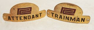 2 X Vintage Penn Central Trainman & Attendant Hat Badge Metal Raised Red Letters