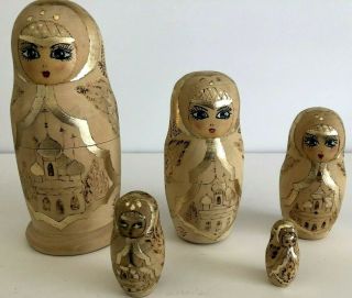 Vintage 1995 Hand Painted 5 Piece Russian Matryoshka Wooden Nesting Dolls 6.  5 "