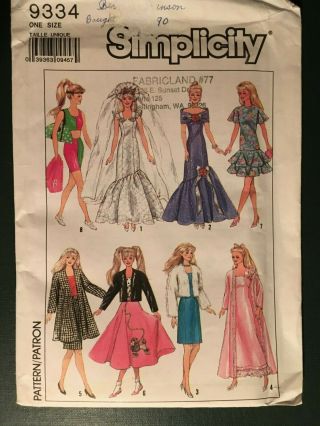 Sewing Pattern: Fashion Doll Wardrobe For Barbie,  Gowns,  Poodle Skirt More 9334