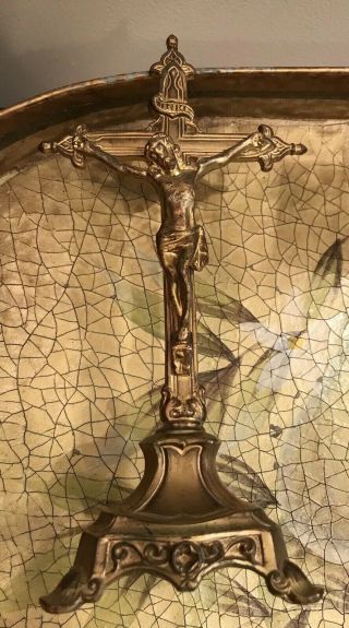 Vintage Antique Brass Metal Altar Crucifix On Stand Cross Jesus 8” Inches