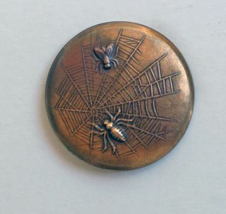 Vintage Large 2 1/8 " Brass Button Of Spider Catching Fly On Spider Web