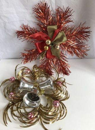 2 Vintage Christmas Door Wreath Decor Handmade Tinsel Bells Mcm Floral Picks