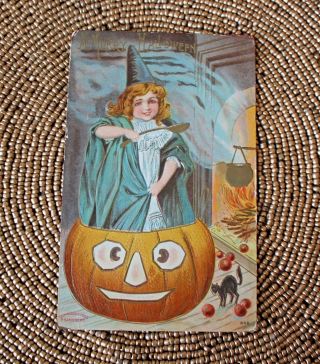 Antique Merry Halloween Postcard P Sanders 366 Witch Jack O Lantern Black Cat