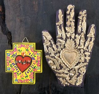 Milagros Hand,  Sacred Heart Wood Cross Set,  Mexican Folk Art,  Ex Votos Heart
