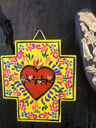 MILAGROS HAND,  Sacred Heart Wood Cross Set,  Mexican Folk Art,  Ex Votos Heart 2