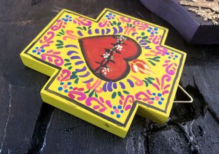 MILAGROS HAND,  Sacred Heart Wood Cross Set,  Mexican Folk Art,  Ex Votos Heart 3
